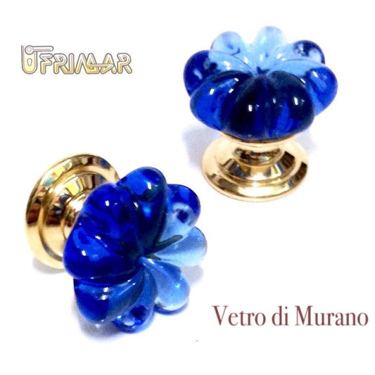 POMOLO IN VETRO DI MURANO D.mm.25 BLU LUCIDO con base ORO LUCIDO Made in Italy