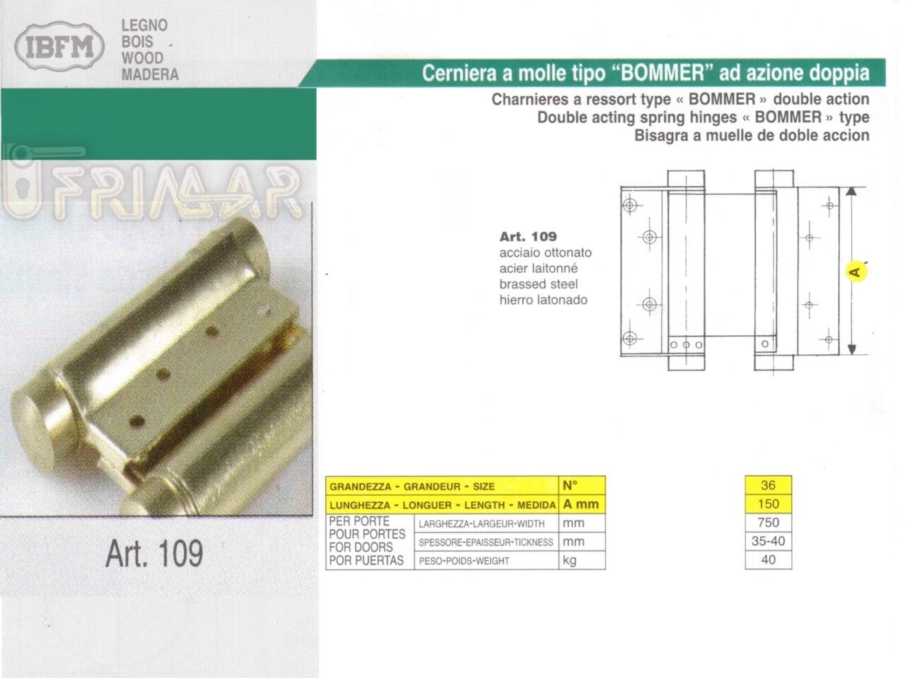 COPPIA CERNIERA A MOLLA BOMMER FAR WEST mm.150 ACCIAIO OTTONATO IBFM