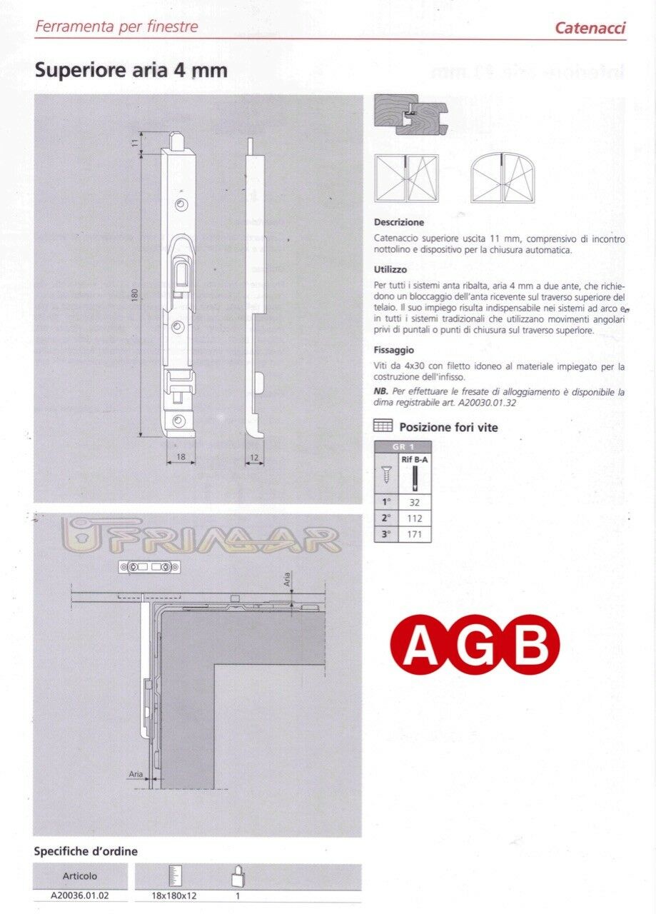 Catenaccio superiore AGB A200360102 Aria 4 ricambio per finestre legno 41201801