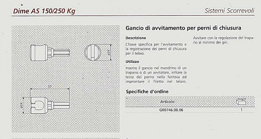 Gancio avvitamento perni di chiusura alzante scorrevole AGB G007460006