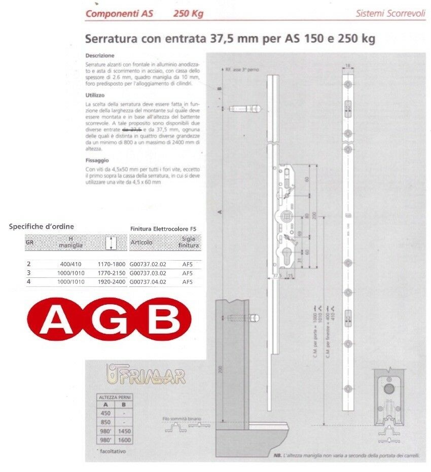 Serratura Alzante Scorrevole AGB G007370202 Altezza Anta mm.1170-1800  GR 2 AF5