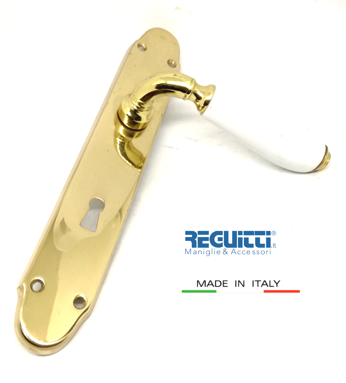 Maniglia porta Reguitti Cinzia Oro lucido e Porcellana Bianca D70 placca patent