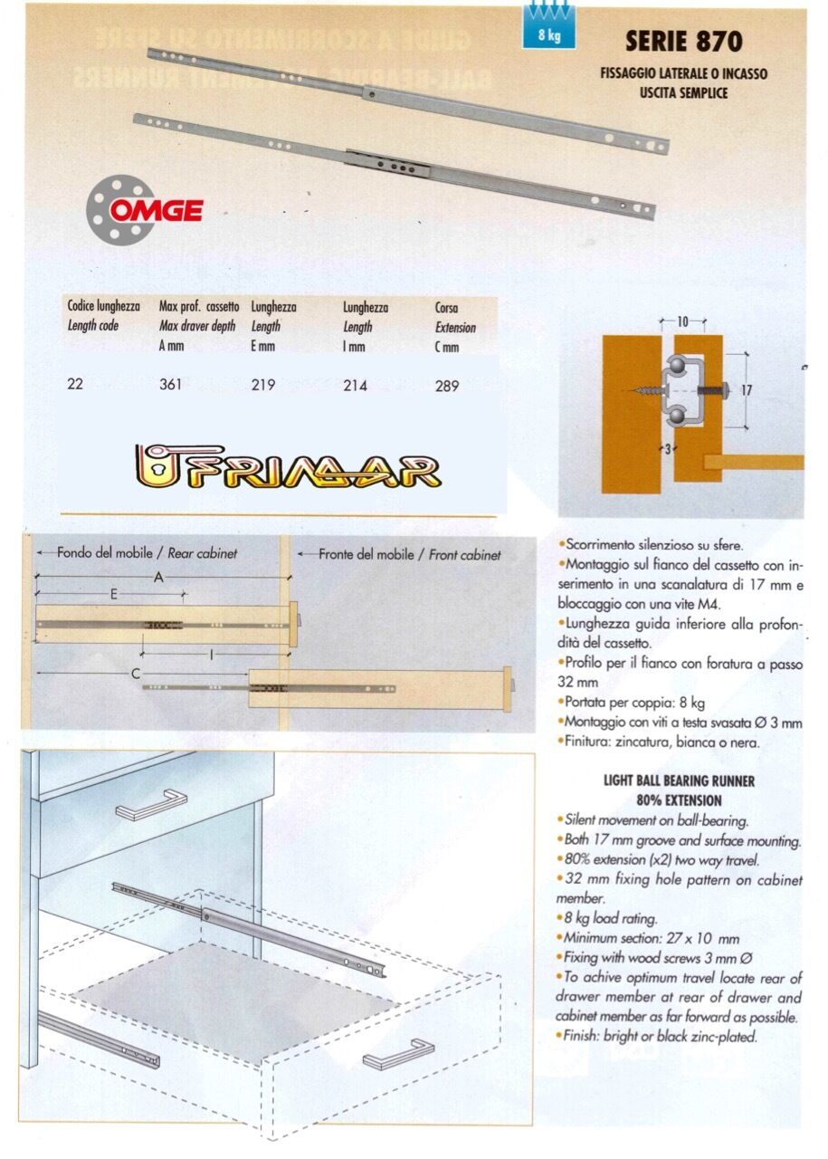 COPPIA GUIDE SCORREVOLI A SFERE PER CASSETTI SERIE MICRO mm.220x17 Estr.Parziale