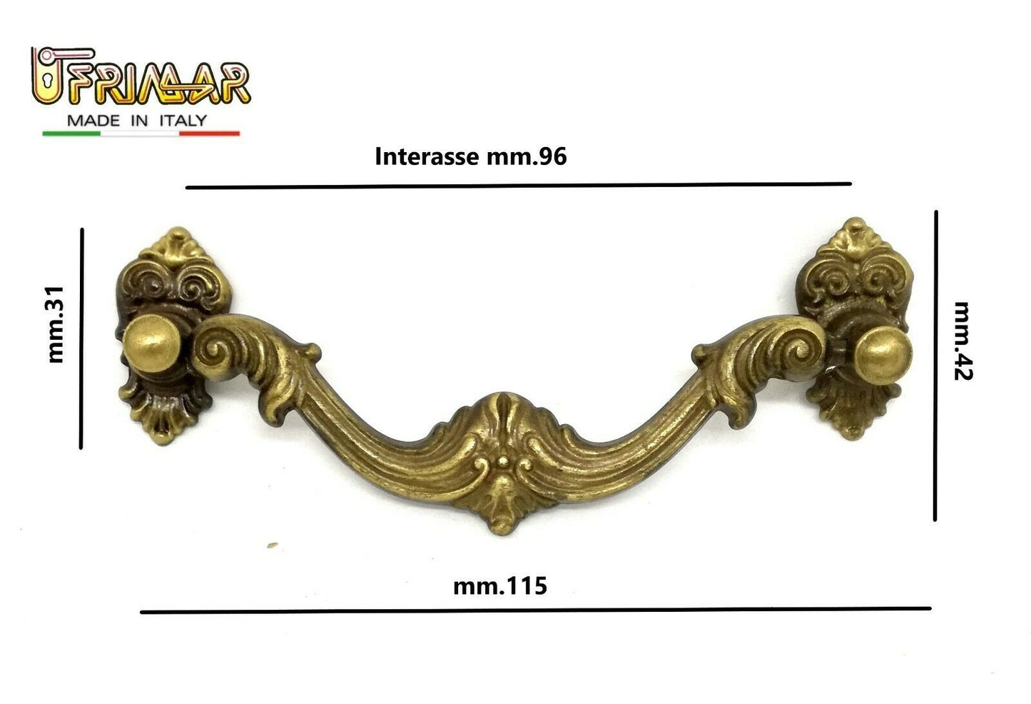 MANIGLIA PER MOBILI ANTICHI Interasse mm.96 BRONZO MANIGLIETTA ditta CASIRAGHI