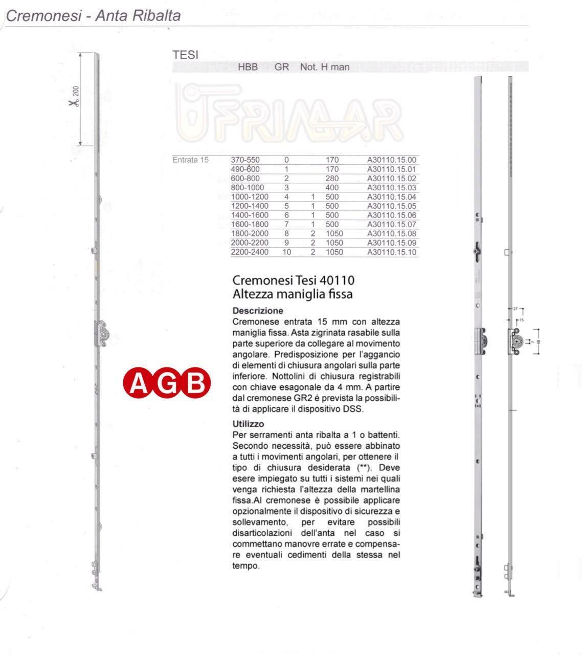 Cremonese AGB anta ribalta TESI A301101505 cm.120/140 GR5 per infissi legno