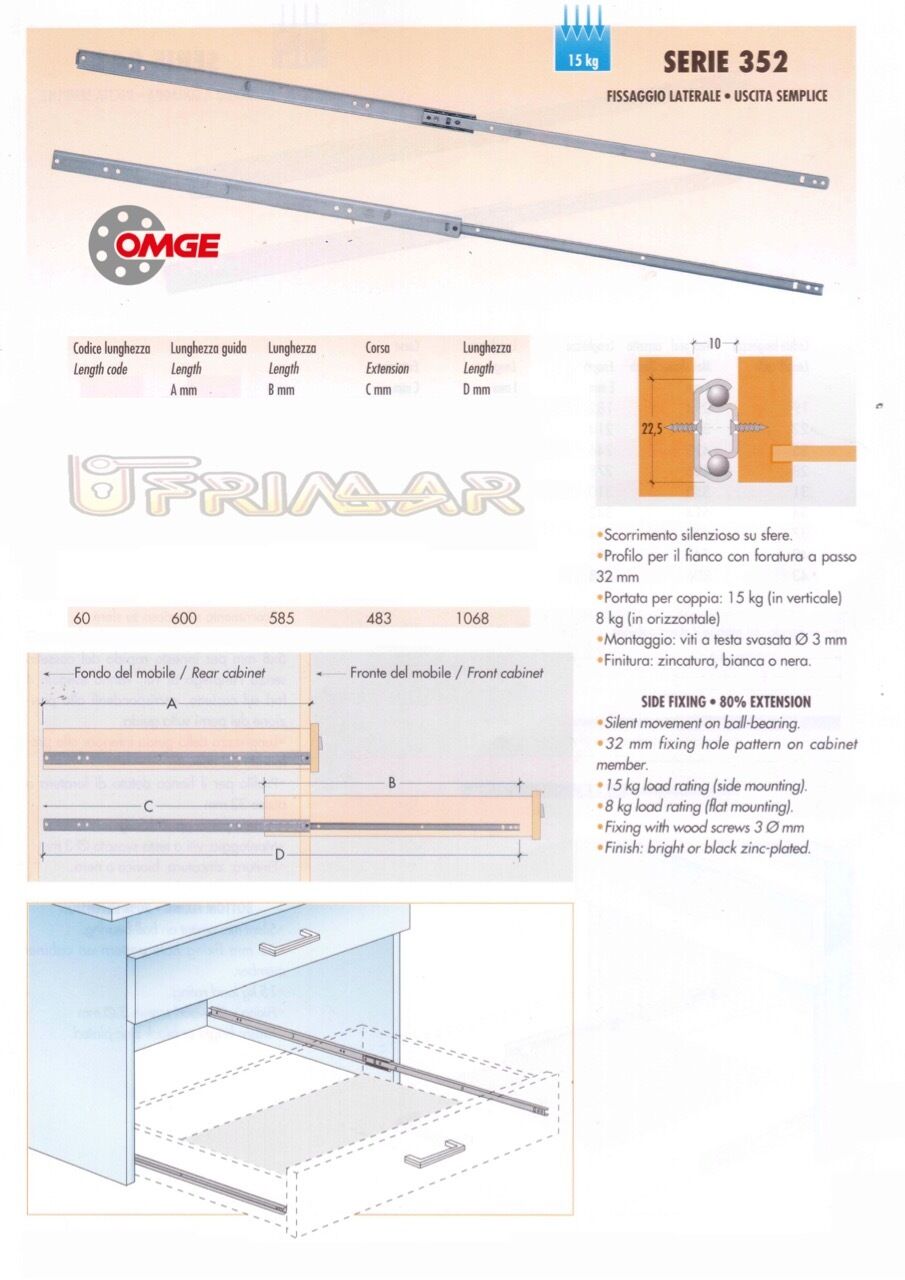 COPPIA GUIDE SCORREVOLI A SFERE X CASSETTI SERIE 352 mm. 600x22,5 Estr. Parziale
