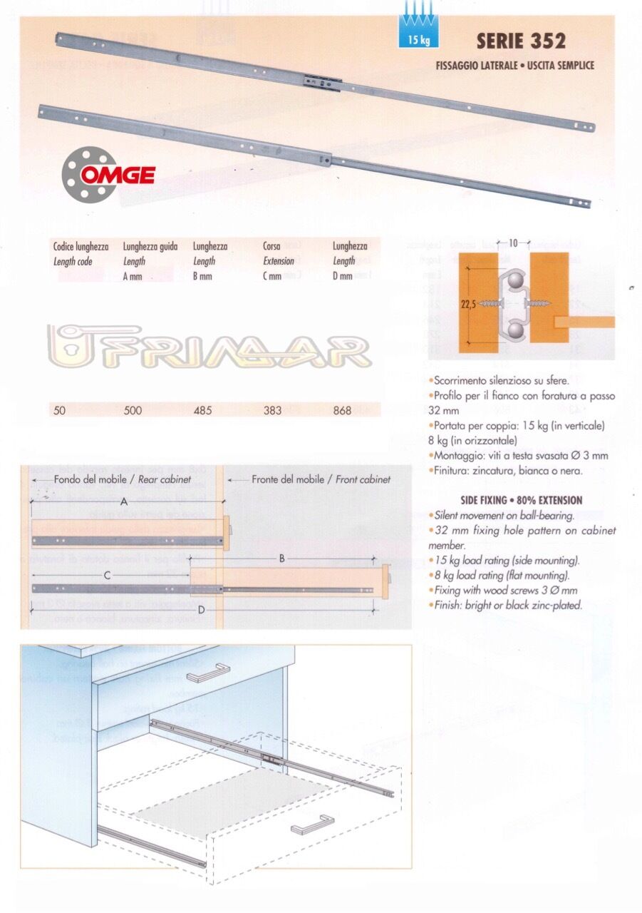 COPPIA GUIDE SCORREVOLI A SFERE X CASSETTI SERIE 352 mm.500x22,5 Estr. Parziale