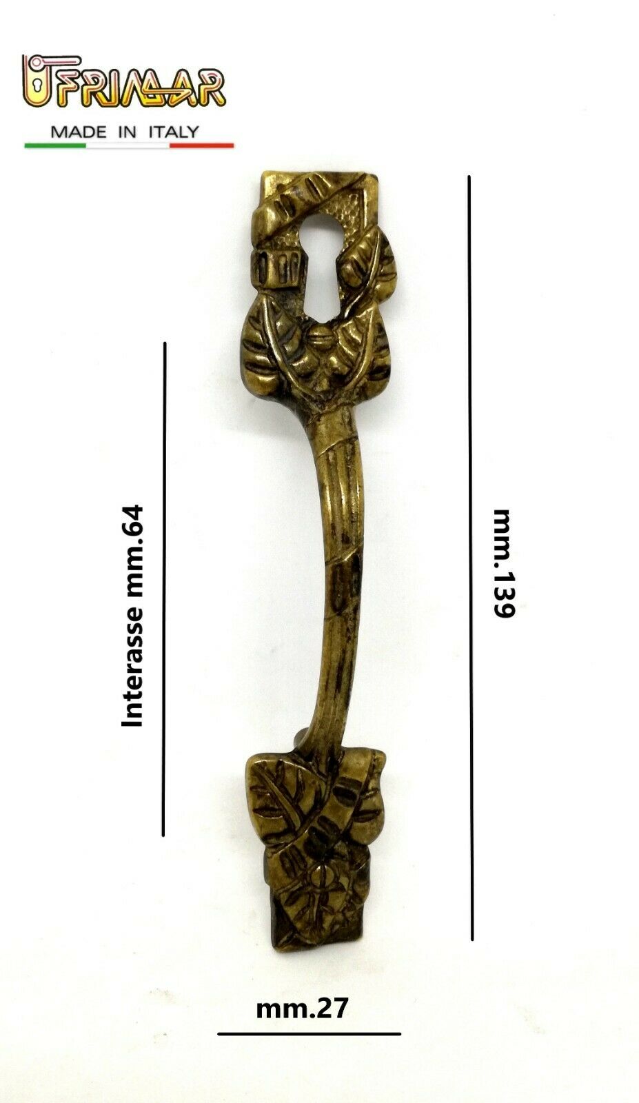MANIGLIA CLASSICA PER MOBILI ANTICHI Interasse mm.64 OTTONE PATINATO FORO CHIAVE