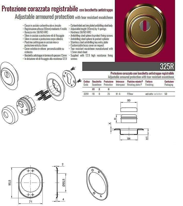 BOCCHETTA DEFENDER REGOLABILE mm.18/25 Int. 38 D.50 OTTONE PVD PROTEZIONE CORAZ.