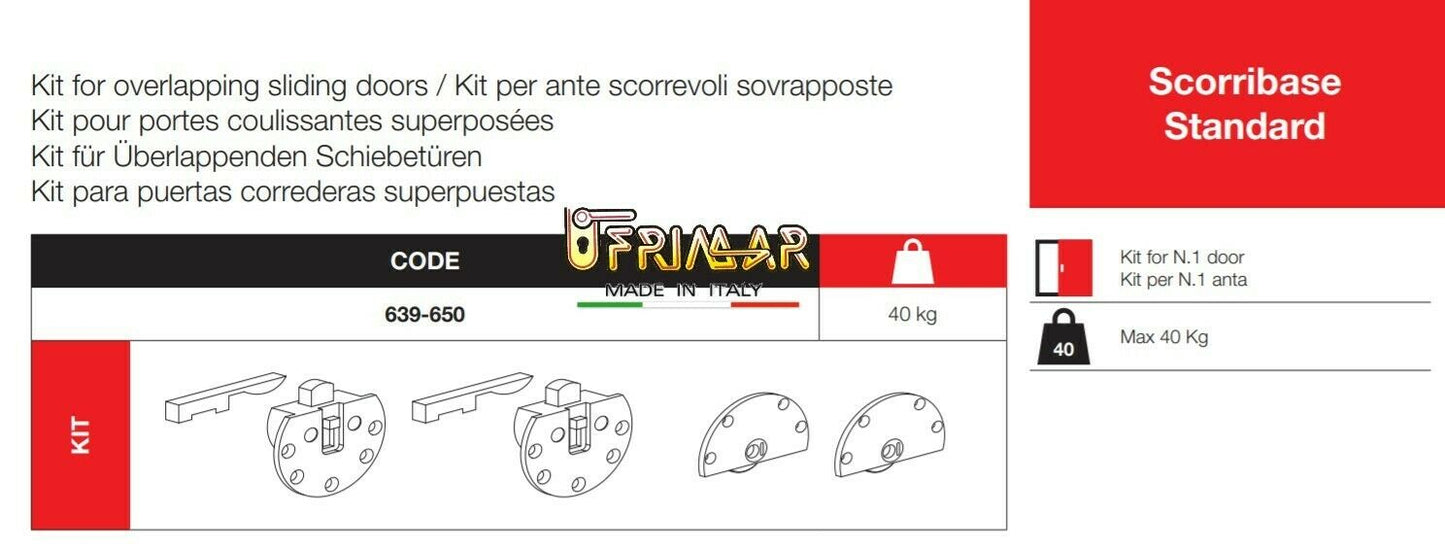 Kit per ante scorrevoli sovrapposte Terno art. 639 + 650 portata Kg.40 foro 35