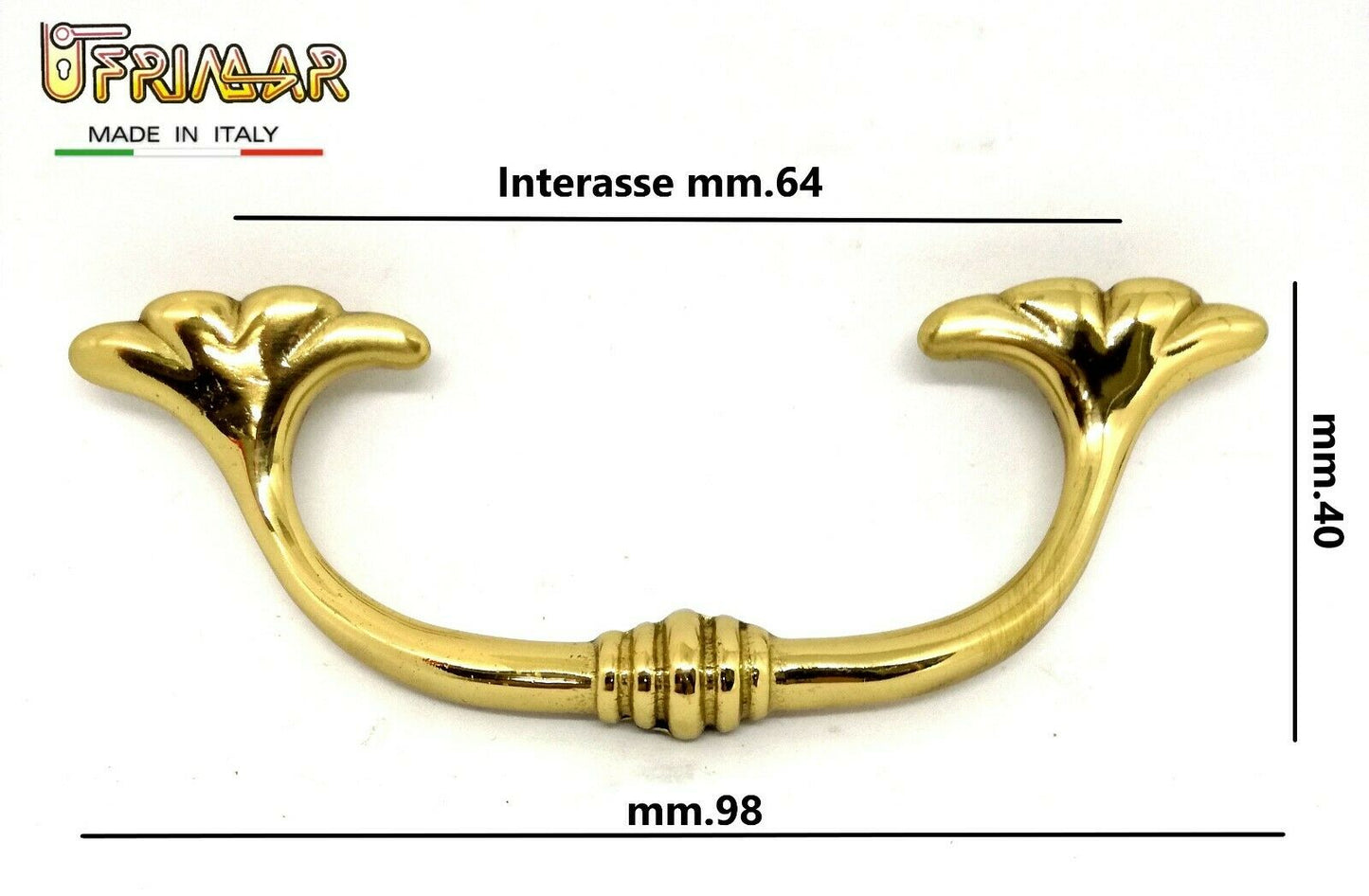 MANIGLIA CLASSICA PER MOBILI ANTICHI Interasse mm.64 OTTONE LUCIDO ditta BESANA