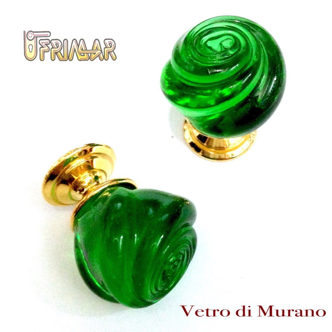 POMOLO VETRO MURANO D.mm.25 VERDE LUCIDO con base OTTONE LUCIDO Made in Italy