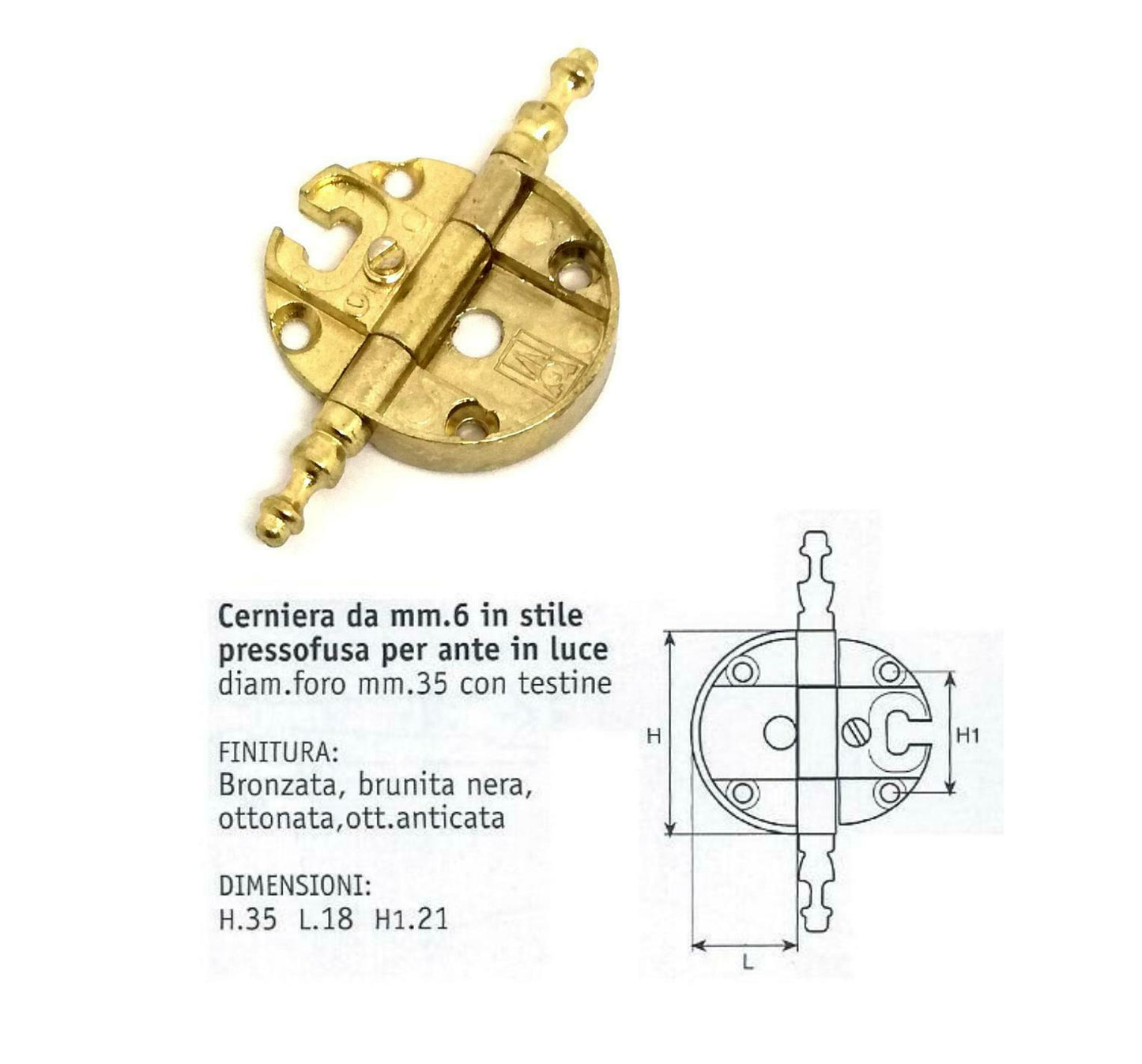 CERNIERE PER MOBILI ANTICHI X ANTE Ottonata FORO mm.35 Gambo D.6 ANSELMI 231