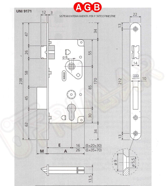 SERRATURA AGB FORO YALE 00852.60 Entrata mm.60 OTTONATA DIST.mm85 INF. PORTA
